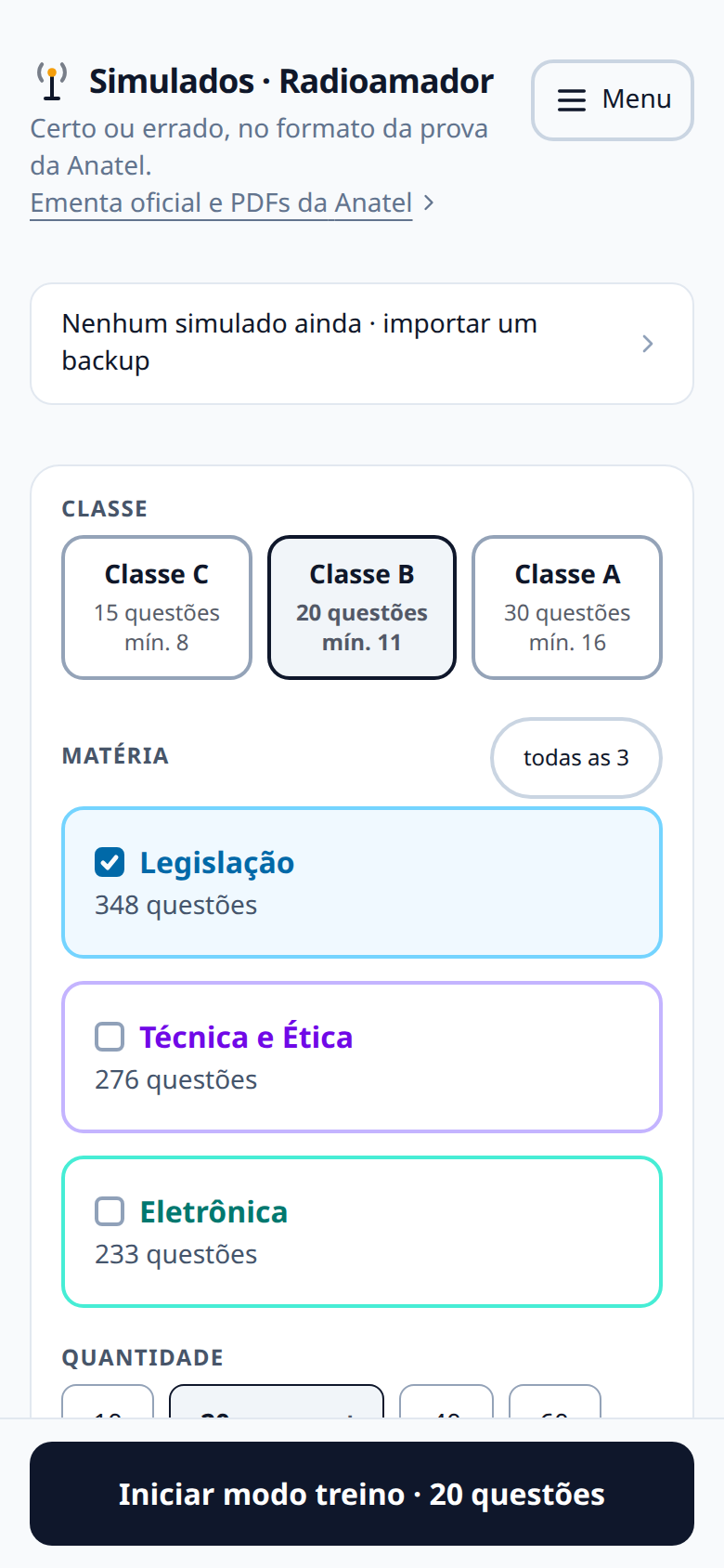 Tela inicial do simulador no celular, com a escolha de classe, matéria e quantidade de questões